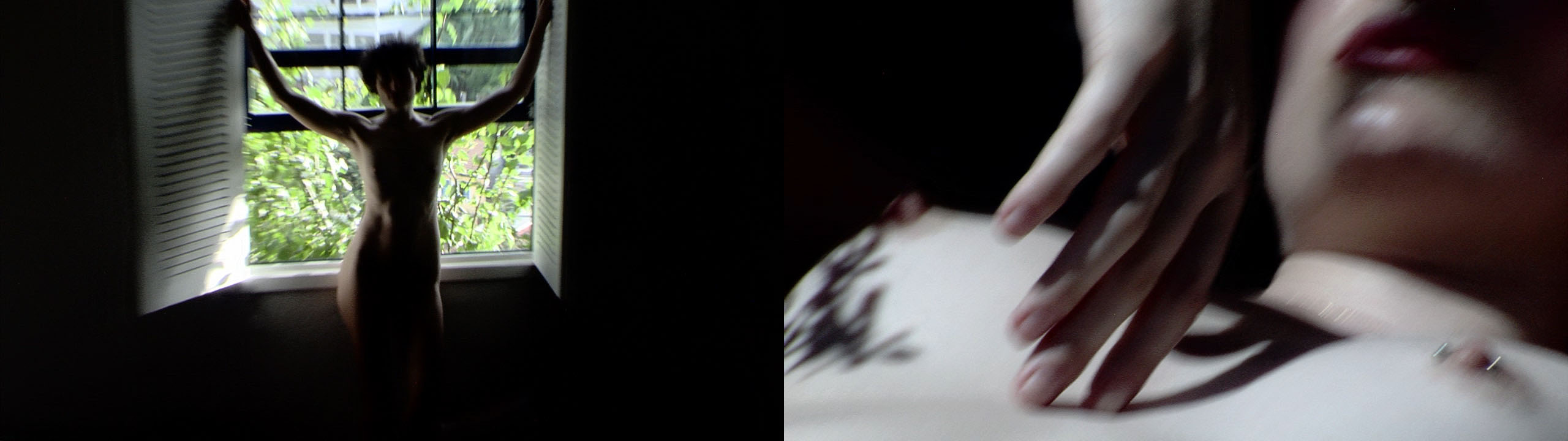 Links: Zu sehen ist die schlanke, unbekleidete Silhouette von Independent Escort Niki Blau im Gegenlicht vor einem offenen Fenster. Rechts: Detail, wie Niki Blau im Sonnenlicht mit der Hand über ihren nackten Oberkörper fährt.