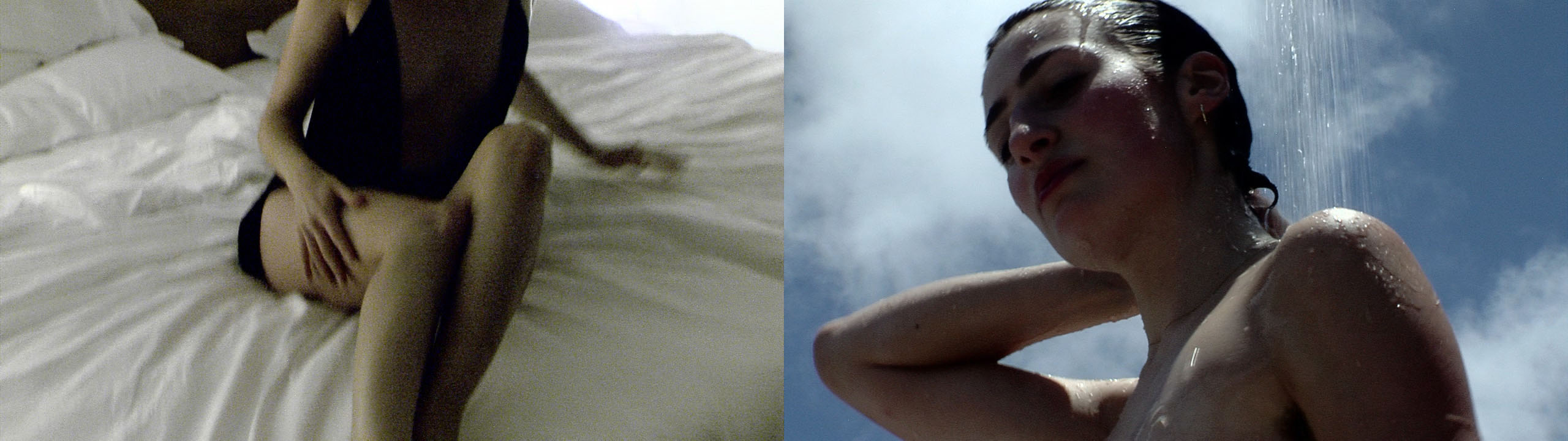 Left: Independent escort Niki Blau wears a short black dress and sits with naked bent legs in the white sheets of a hotel bed. Her head is cut off. Right: Niki Blau from frog perspective taking a shower outside. In the background a slightly cloudy blue sky.